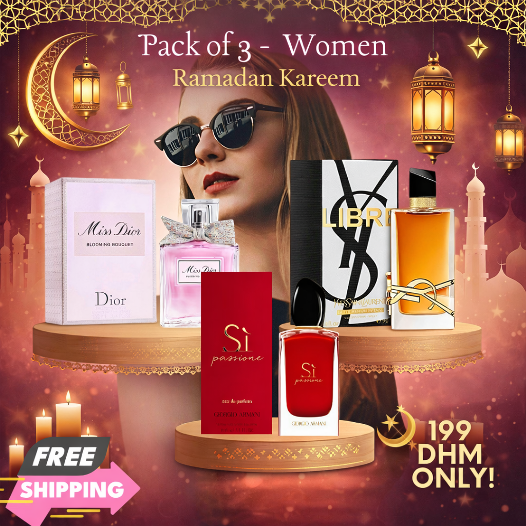 Women Pack of 3 (Miss Dior Blooming Bouquet + YSL Libre Intense + Giorgio Armani Si Passione)