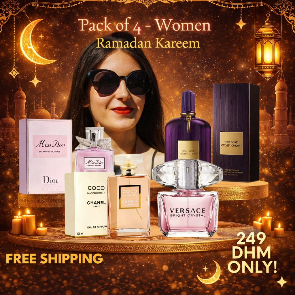 Women Pack of 4 (Tom Ford Velvet + Miss Dior + Versace Bright Crystal + Coco Mademoiselle BY CHANEL)