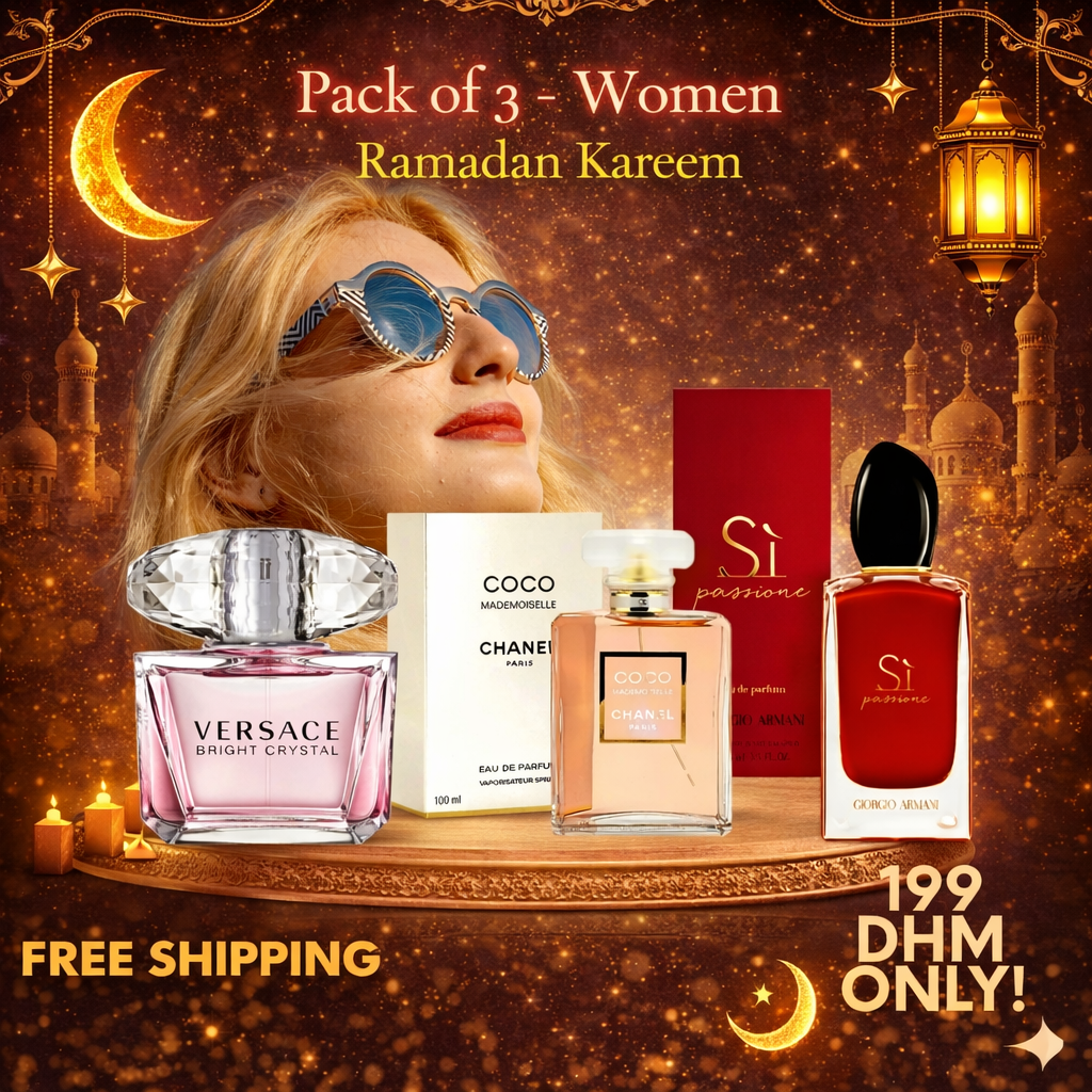 Women Pack of 3 (Versace Bright Crystal + Coco Mademoiselle BY CHANEL + Giorgio Armani Si Passione)