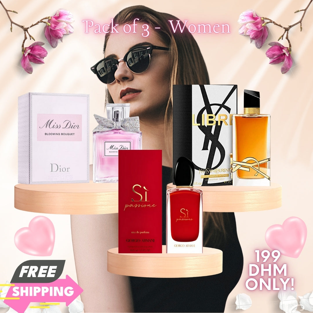 Women Pack of 3 (Miss Dior Blooming Bouquet + YSL Libre Intense + Giorgio Armani Si Passione)