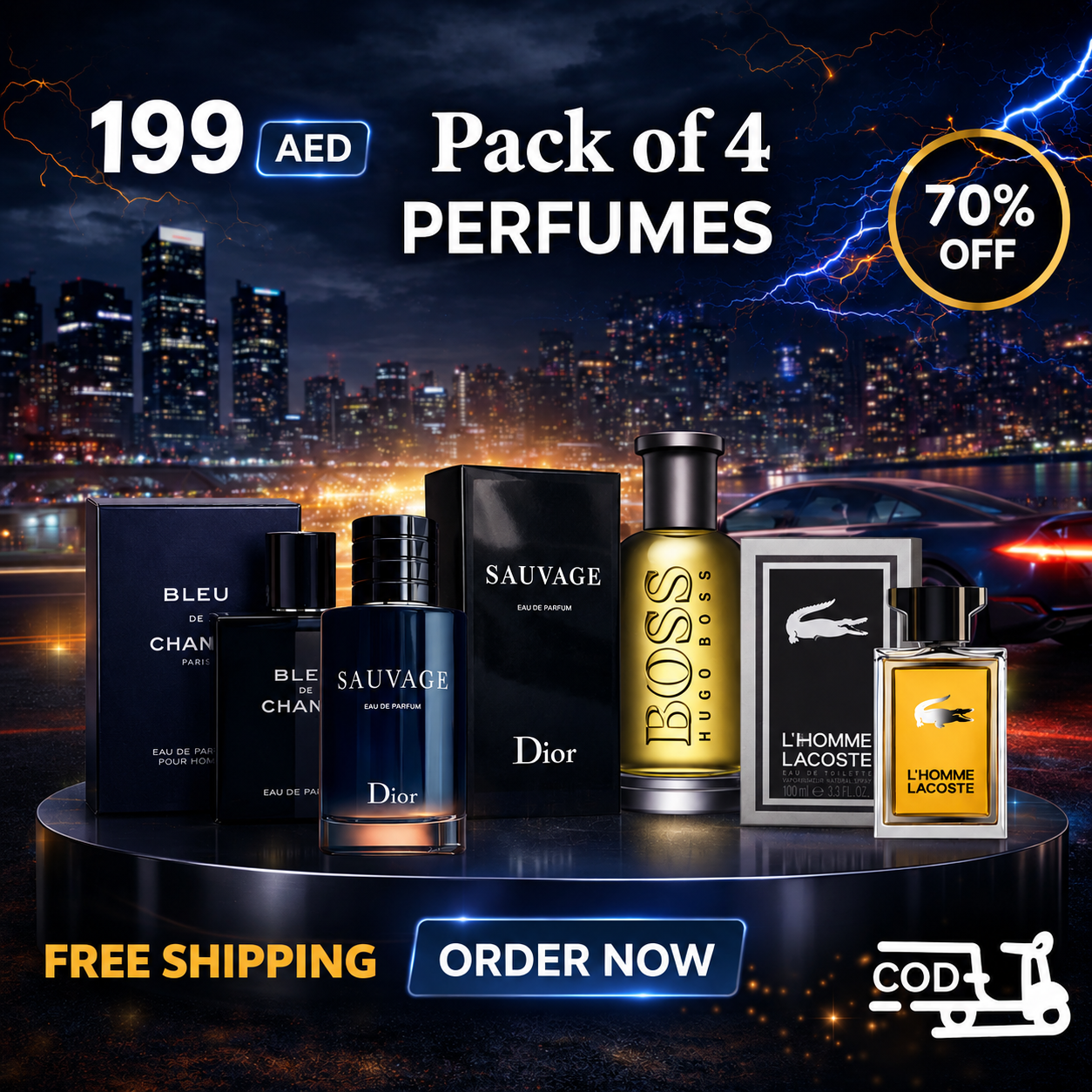 Men Pack of 4 (Dior Sauvage + Hugo Boss + Blue De Chanel + Lacoste L'Homme)