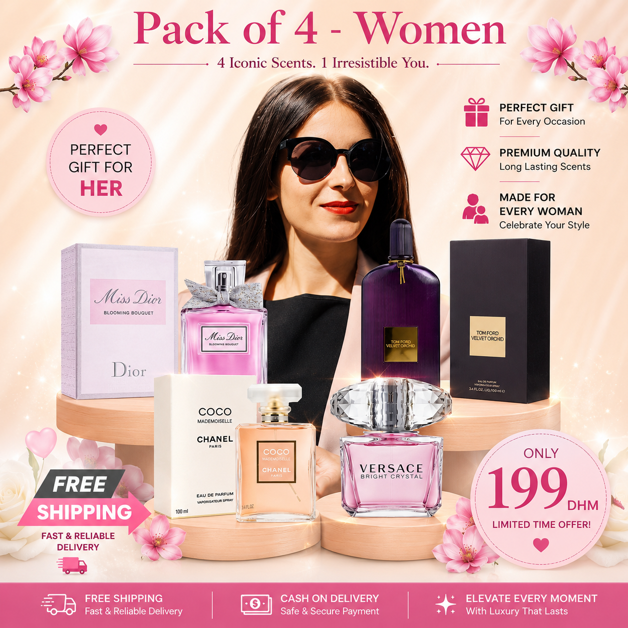 Women Pack of 4 (Tom Ford Velvet + Miss Dior + Versace Bright Crystal + Coco Mademoiselle BY CHANEL)