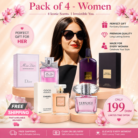 Women Pack of 4 (Tom Ford Velvet + Miss Dior + Versace Bright Crystal + Coco Mademoiselle BY CHANEL)