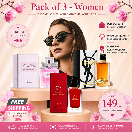 Women Pack of 3 (Miss Dior Blooming Bouquet + YSL Libre Intense + Giorgio Armani Si Passione)