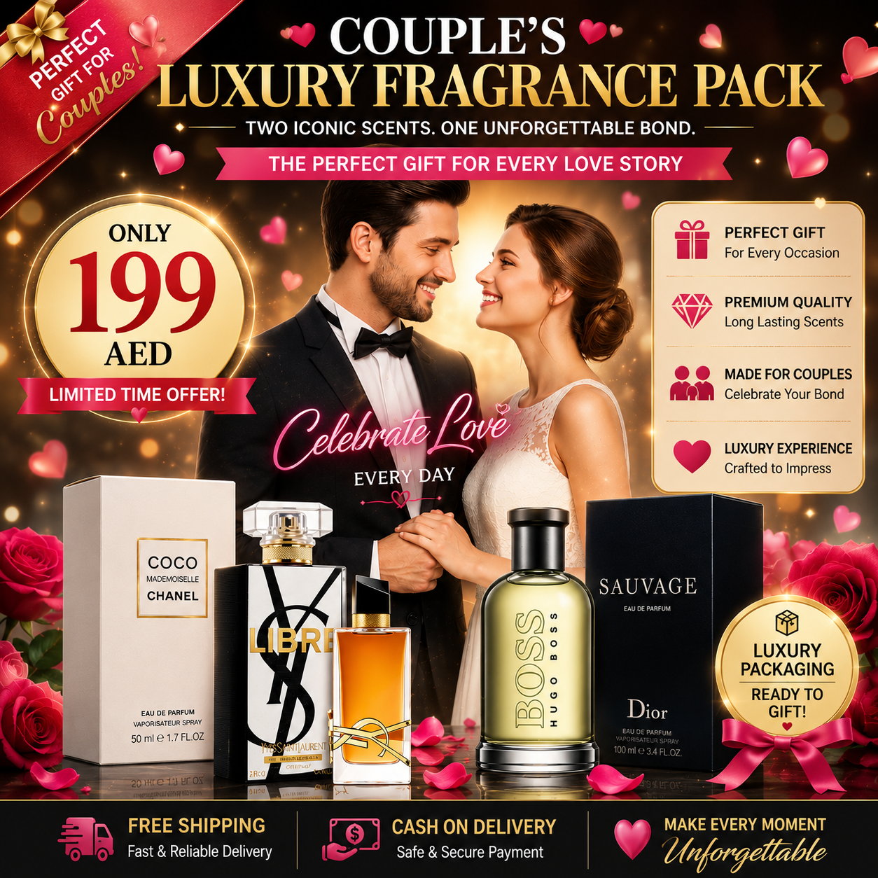 Couple Pack of 4 (YSL Libre + Coco Chanel Mademoiselle + Hugo Boss + Dior Sauvage)