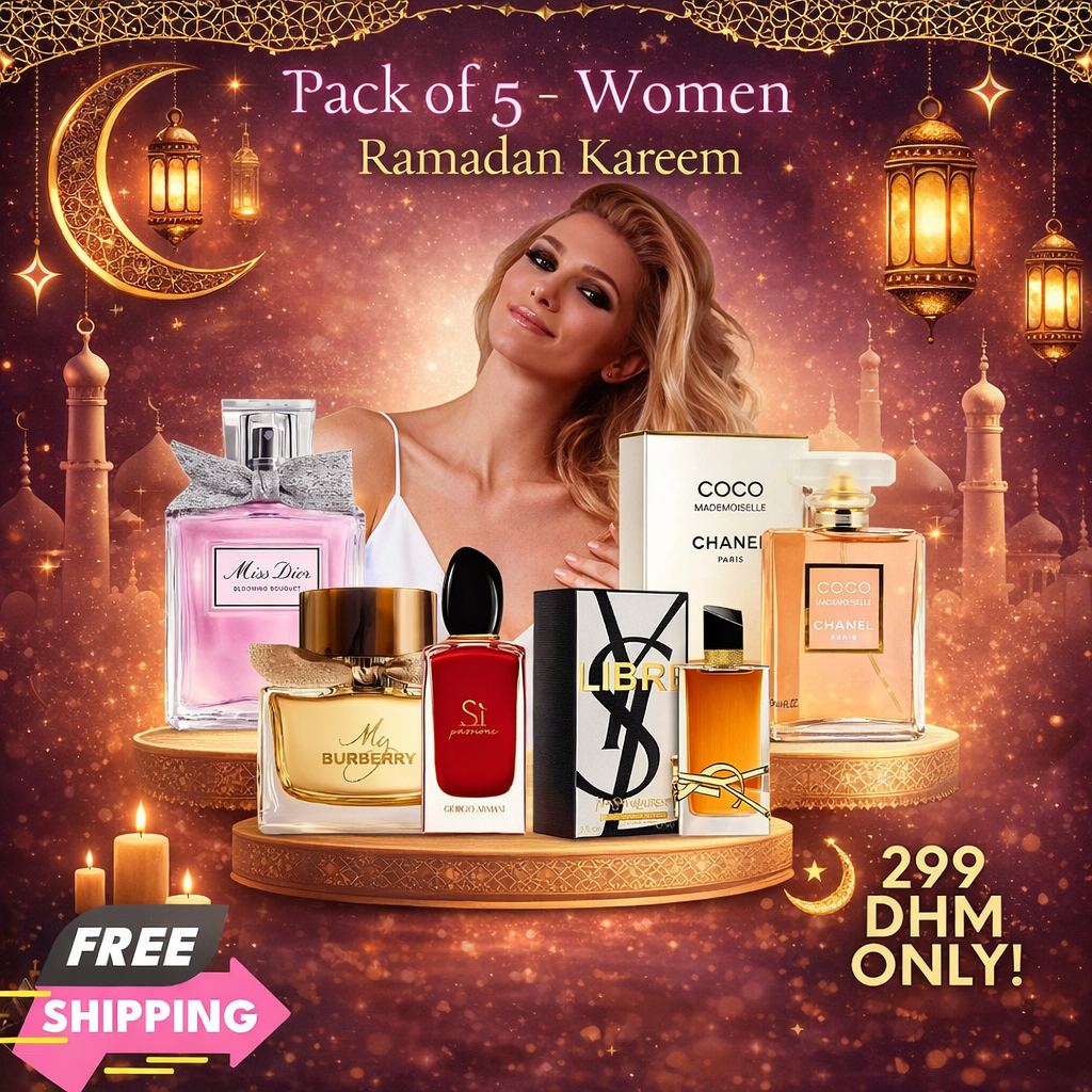 Women Pack of 5 (Miss Dior Blooming Bouquet + Coco Mademoiselle BY CHANEL + YSL Libre + Armani Si Passione + My Burberry EDP)