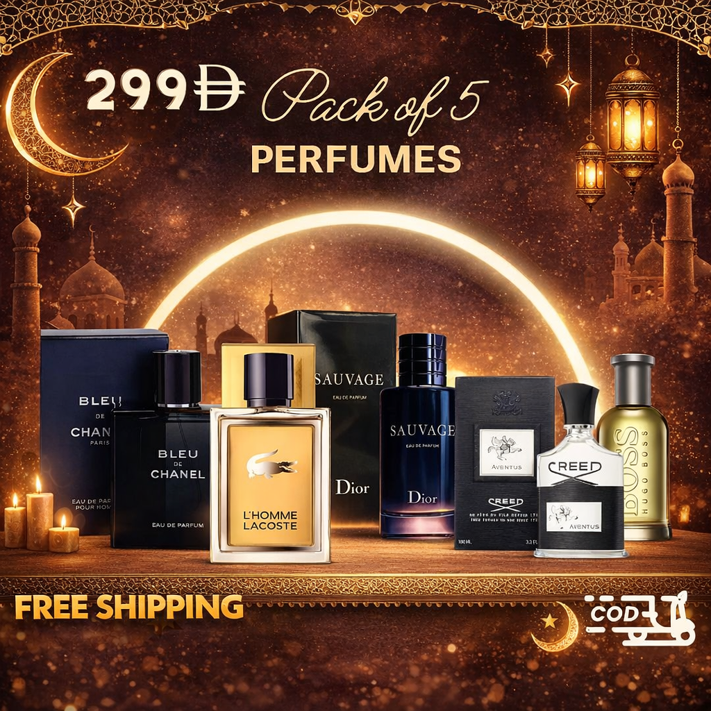 Men Pack of 5 (Sauvage + Blue Chanel + Lacoste L'Homme + Hugo Boss + Creed Aventus)