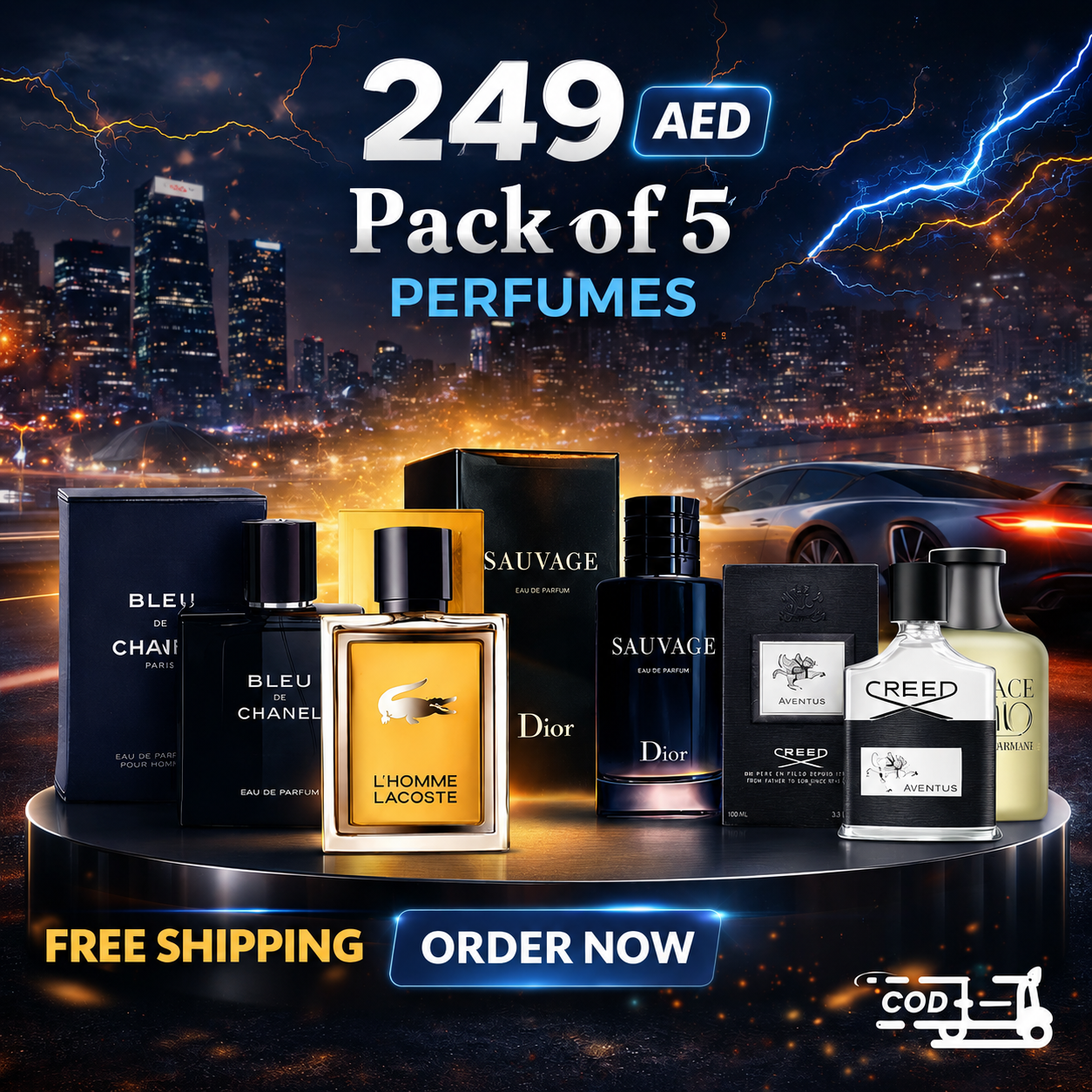 Men Pack of 5 (Sauvage + Blue Chanel + Lacoste L'Homme + Hugo Boss + Creed Aventus)