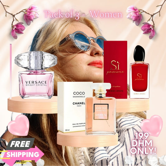 Women Pack of 3 (Versace Bright Crystal + Coco Mademoiselle BY CHANEL + Giorgio Armani Si Passione)