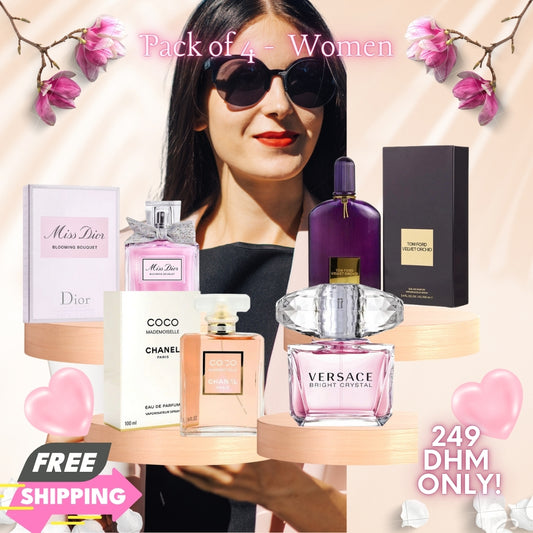 Women Pack of 4 (Tom Ford Velvet + Miss Dior + Versace Bright Crystal + Coco Mademoiselle BY CHANEL)